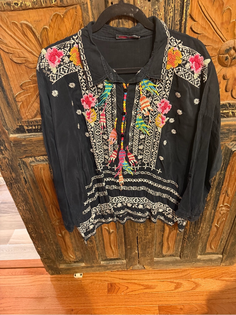 Johnny Was Black Embroidered Floral Blouse with Multicolor Accents